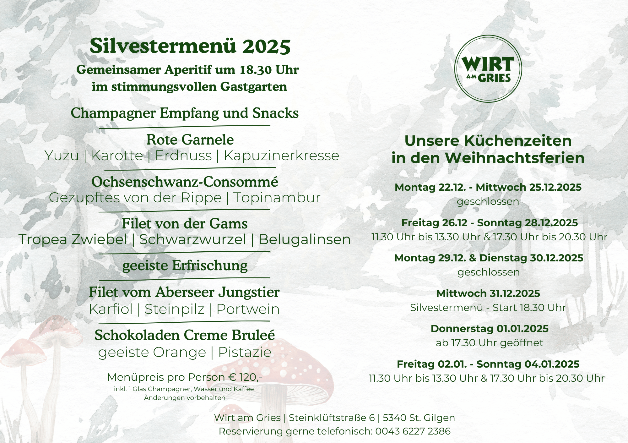 Silvestermenü & Öffnungszeiten 25
