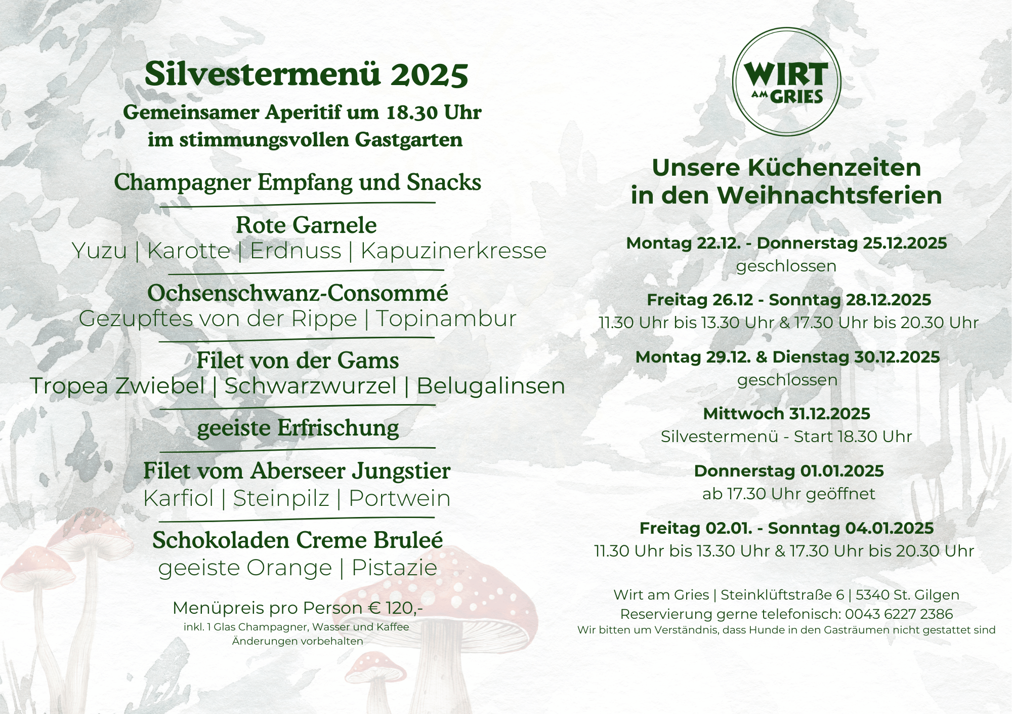 Silvestermenü & Öffnungszeiten 2025